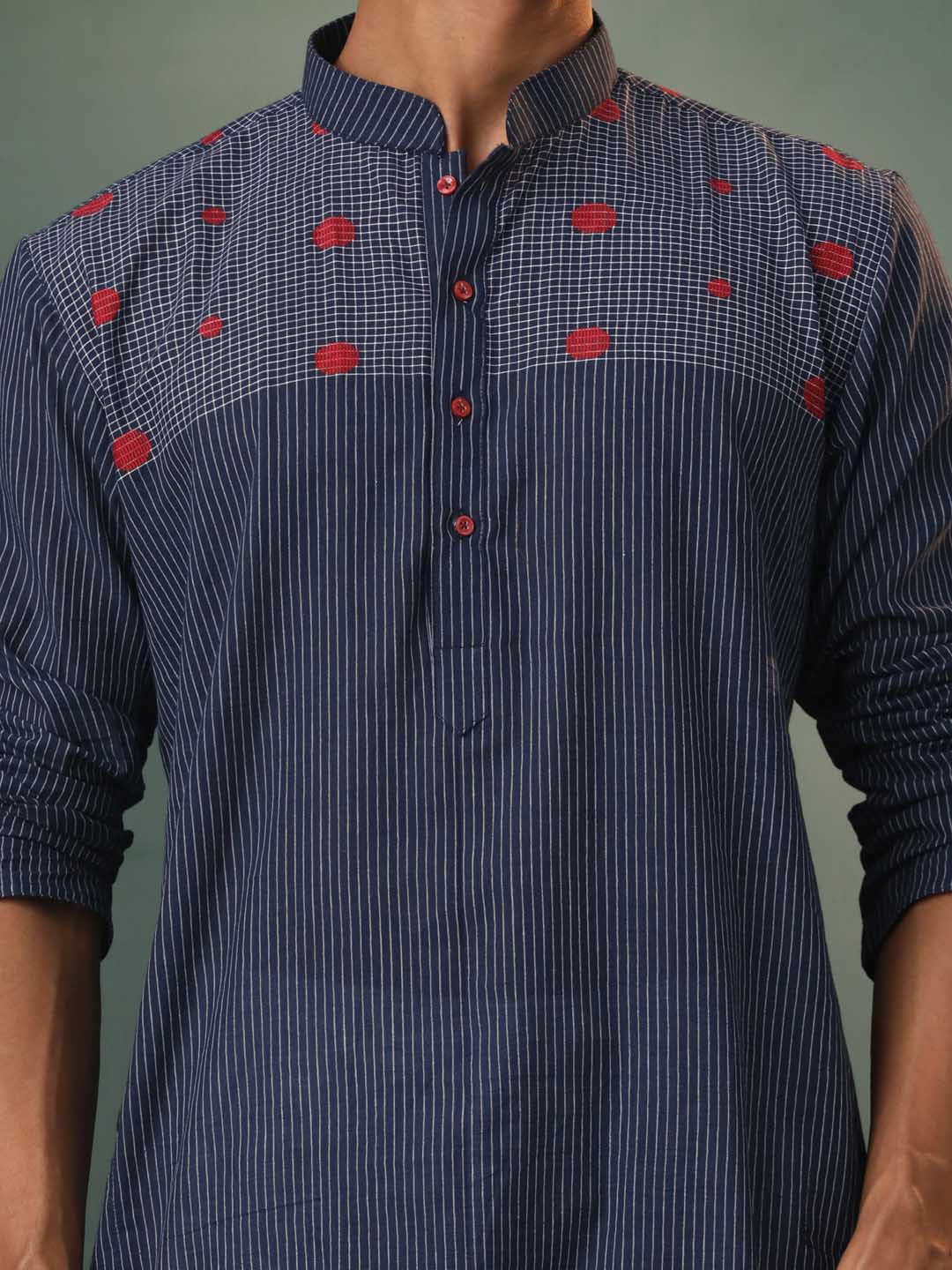 Men's Navy Blue Striped Cotton Kurta