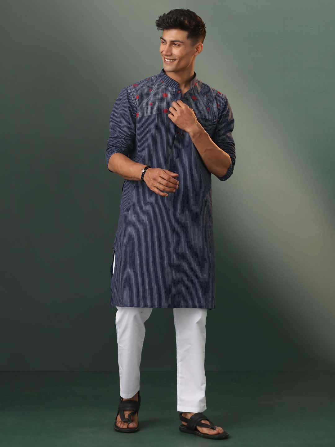 Men's Navy Blue Striped Cotton Kurta