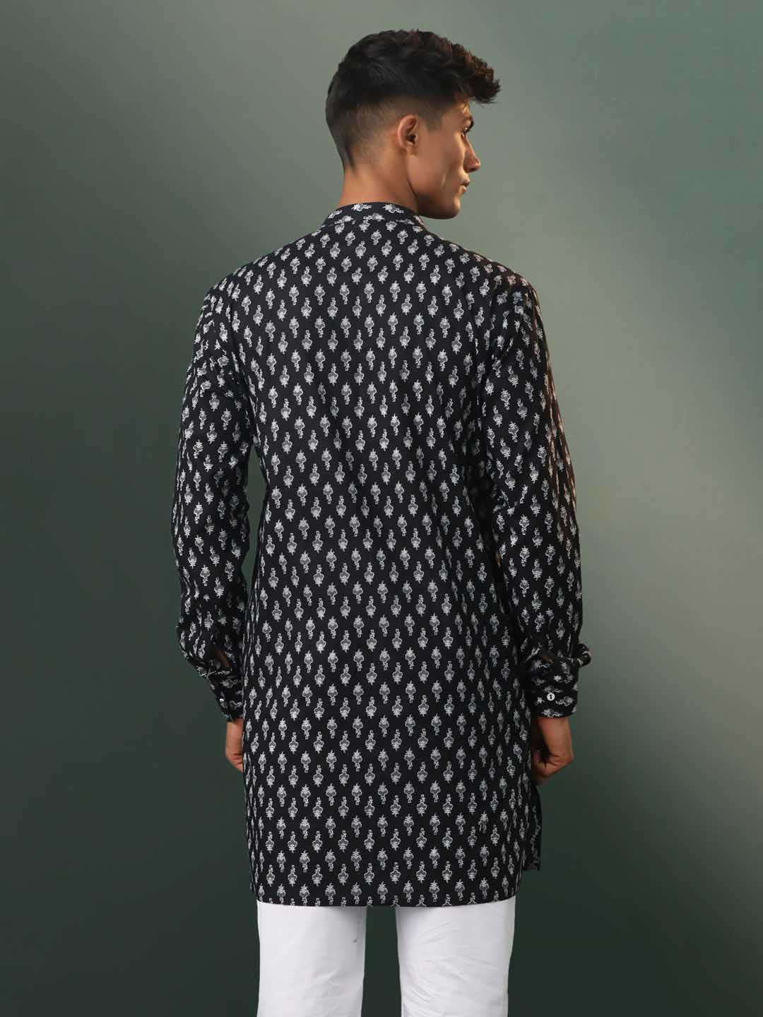 Men's Black Printed Cotton Kurta