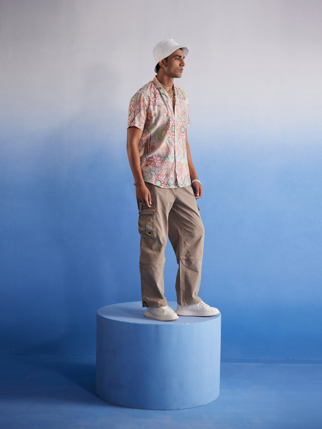 Men's Pink Base Multi-Color Floral Printed Half Shirt