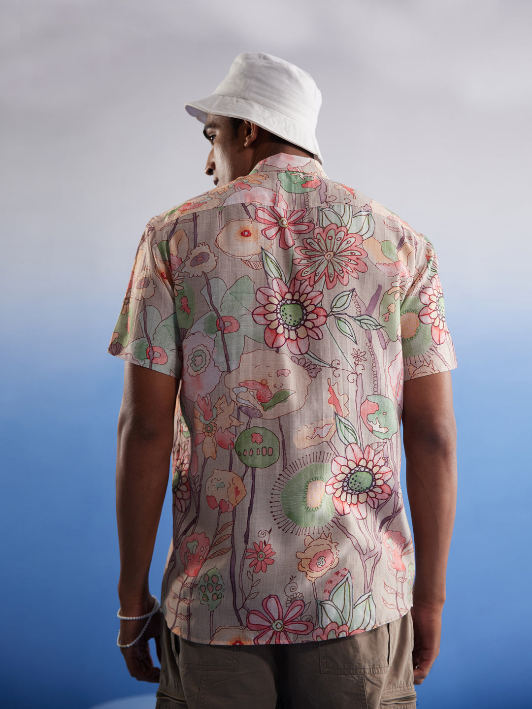 Men's Pink Base Multi-Color Floral Printed Half Shirt