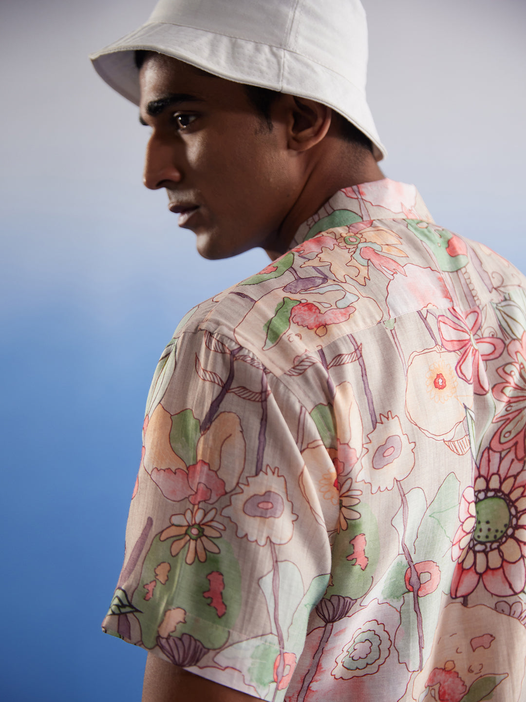 Men's Pink Base Multi-Color Floral Printed Half Shirt