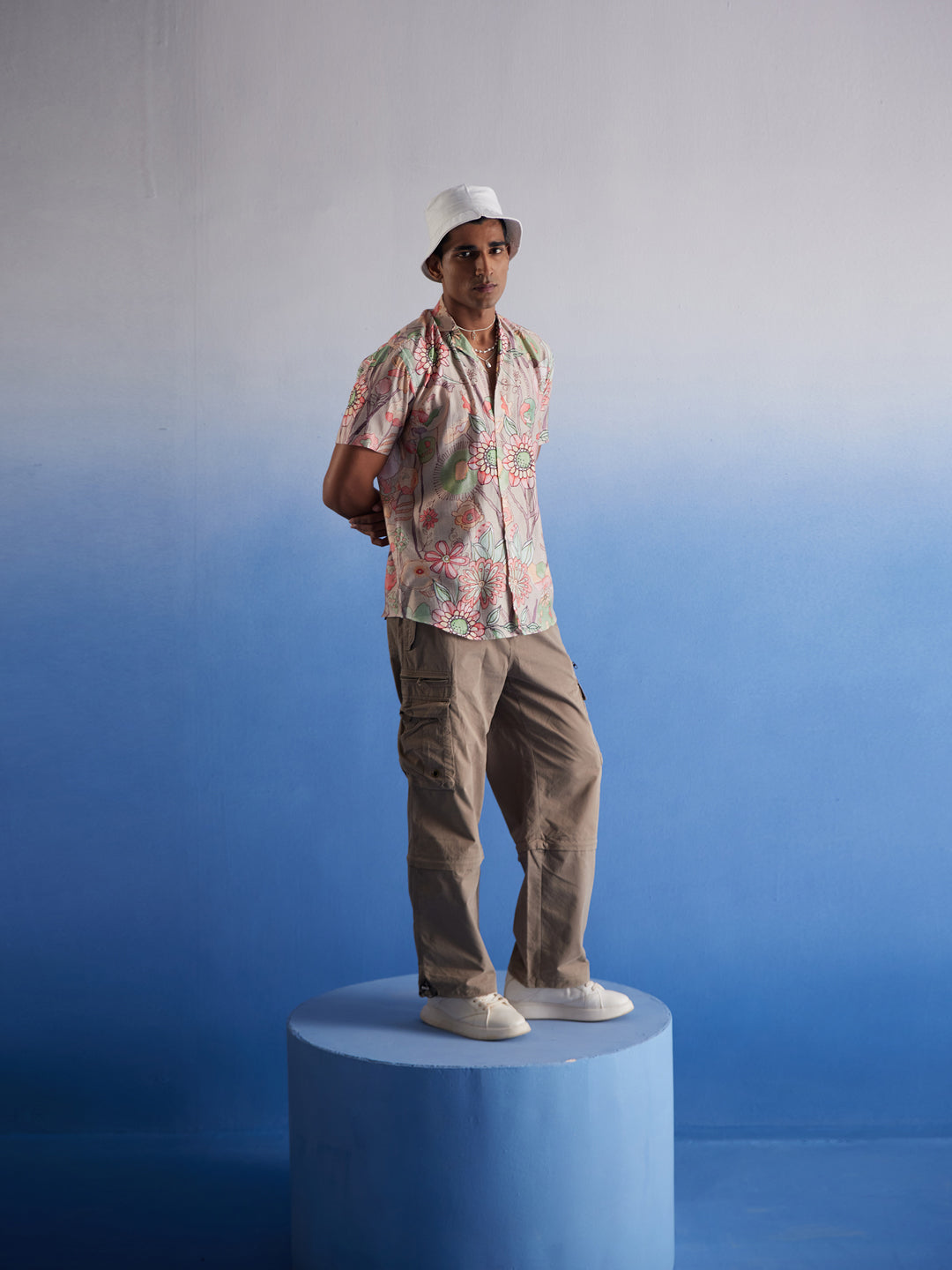 Men's Pink Base Multi-Color Floral Printed Half Shirt