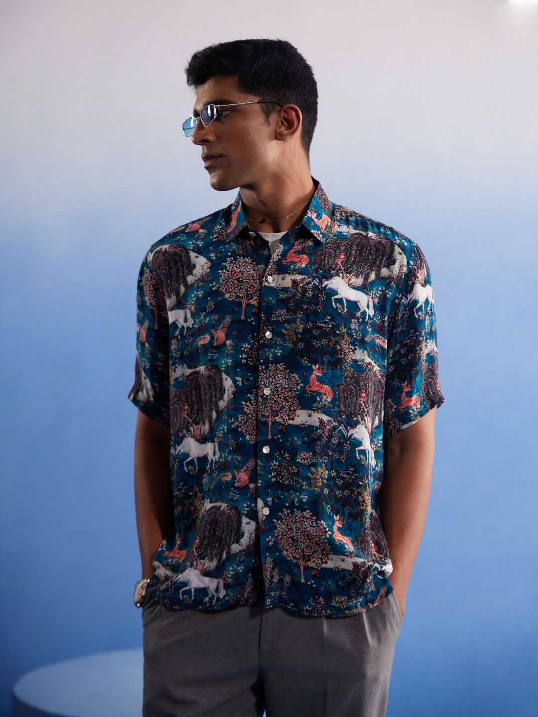 Men's Turquoise Printed Cotton Blend Shirt