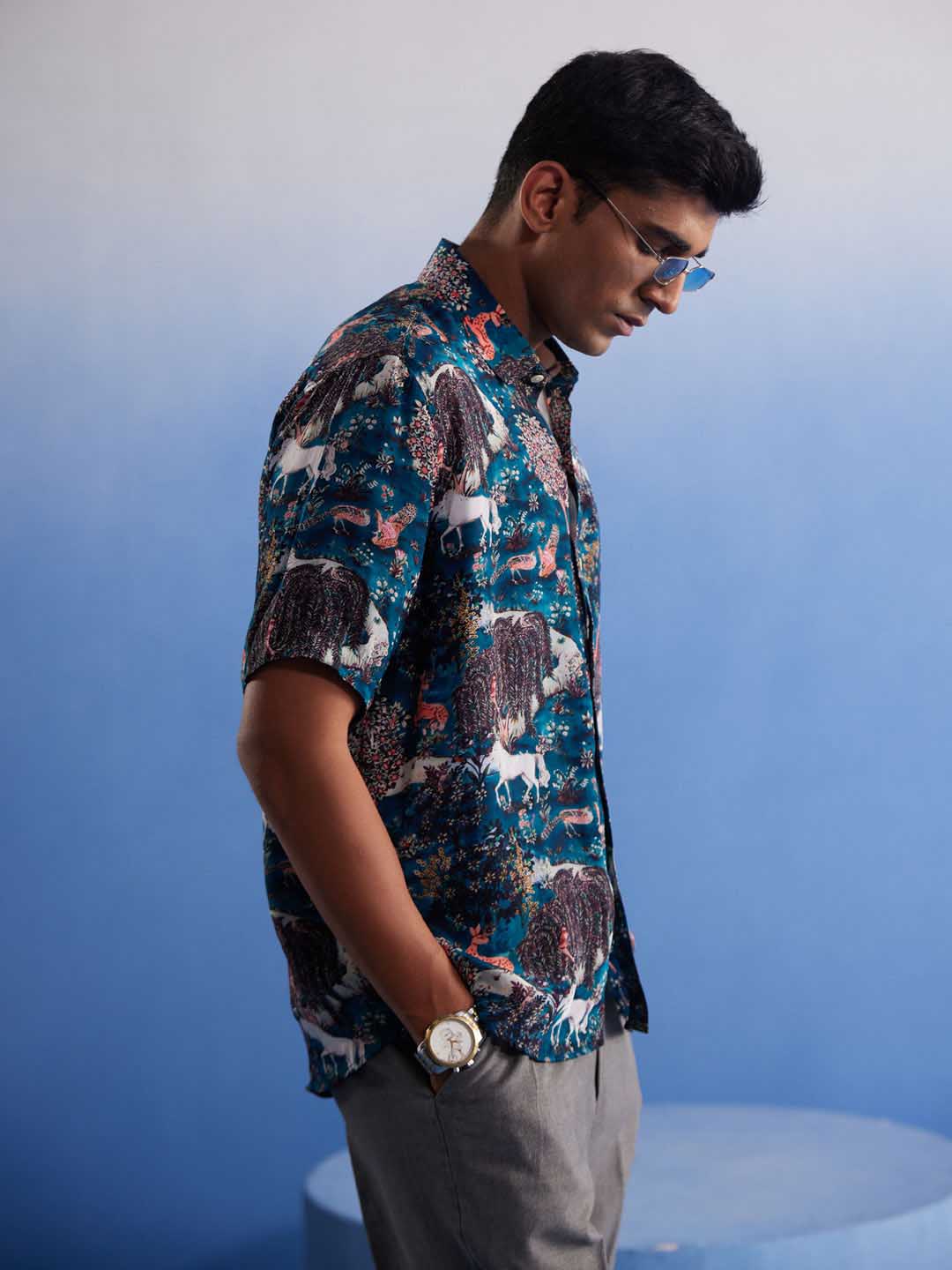 Men's Turquoise Printed Cotton Blend Shirt