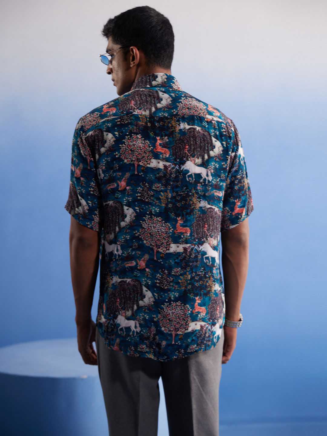 Men's Turquoise Printed Cotton Blend Shirt
