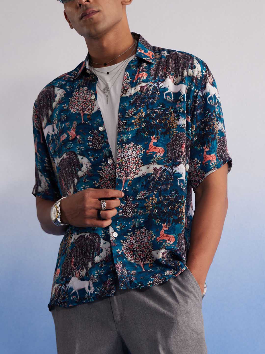 Men's Turquoise Printed Cotton Blend Shirt