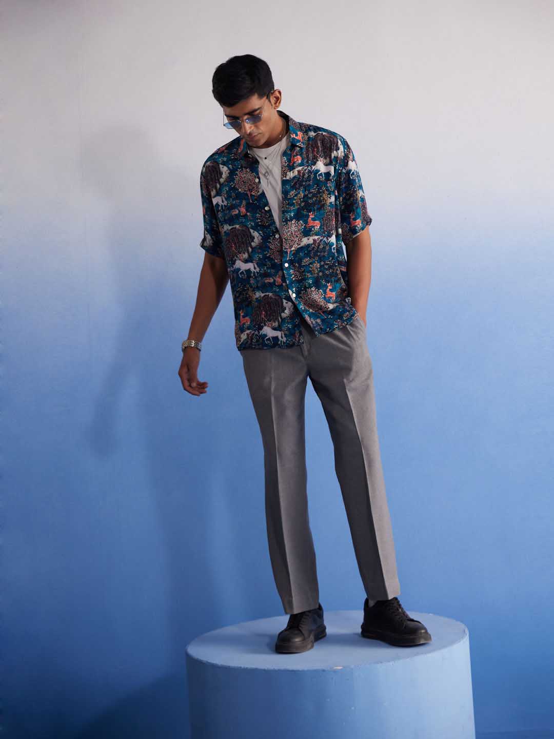 Men's Turquoise Printed Cotton Blend Shirt