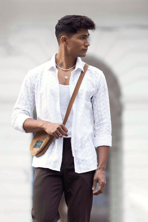 Men's White Chikankari Cotton Shirt