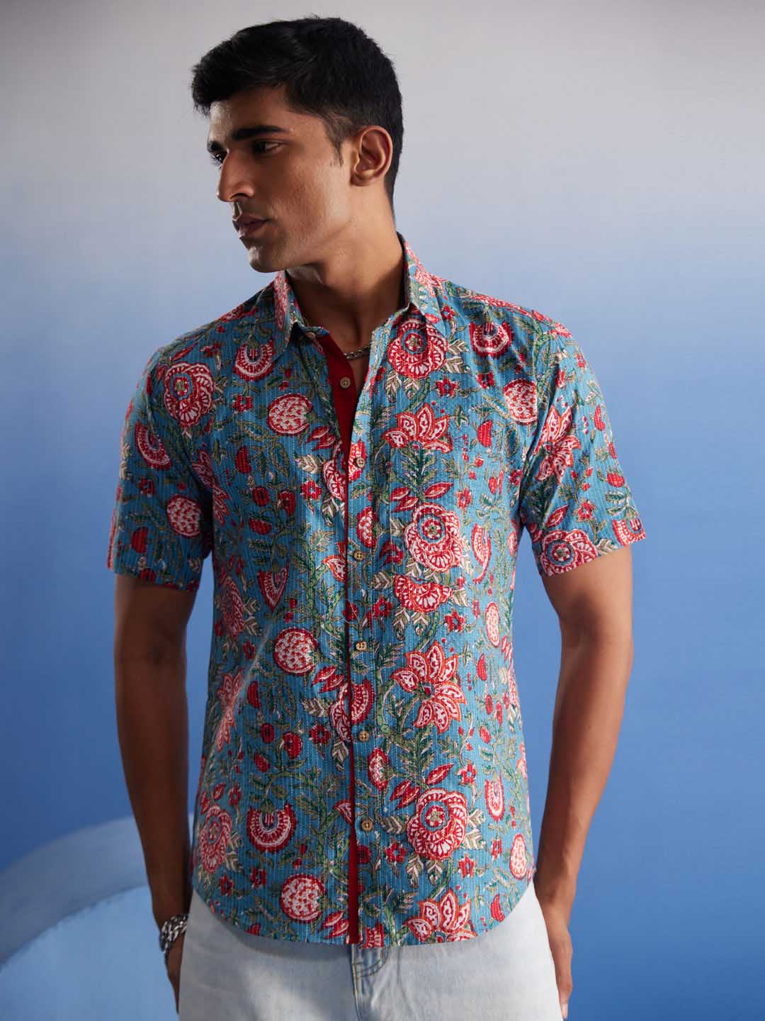Men's Aqua Kalamkari Cotton Shirt