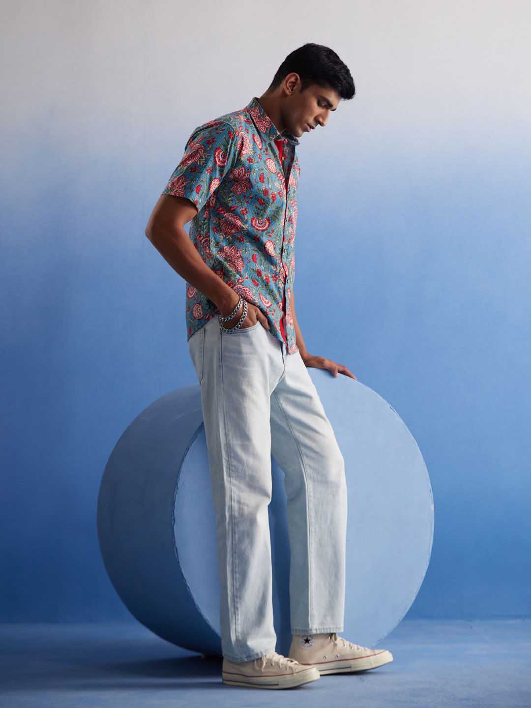 Men's Aqua Kalamkari Cotton Shirt