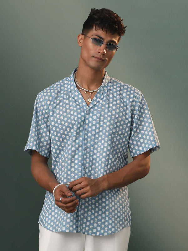 Men's Grey Floral Print Cotton Shirt