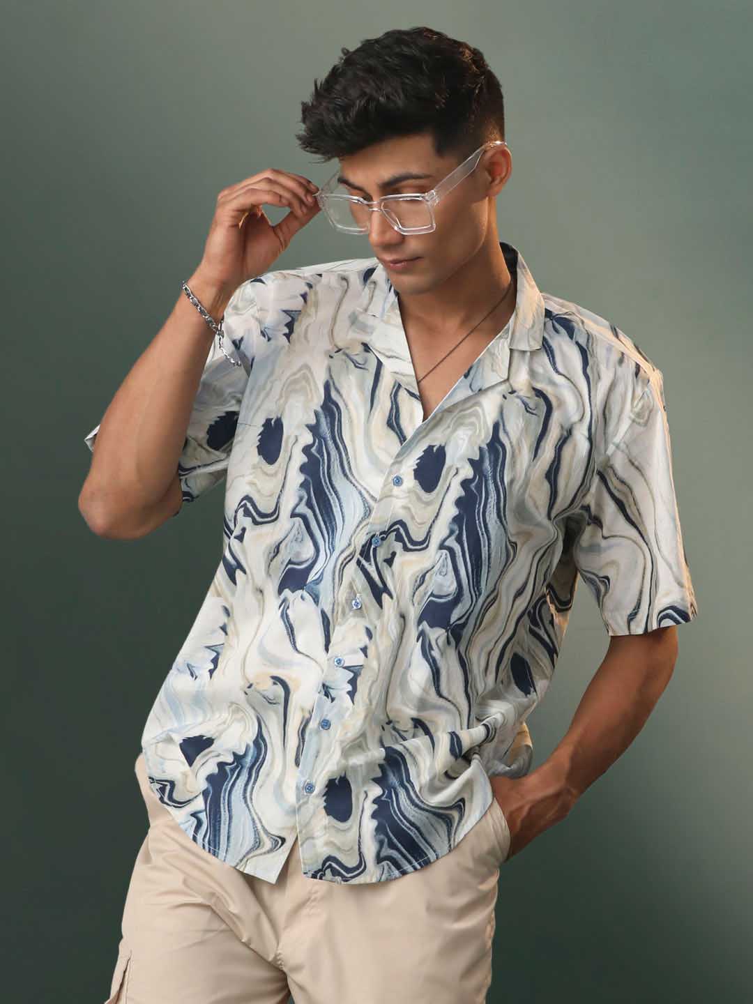 Men's Multi-Color Base Cream Marble Print Cotton Shirt