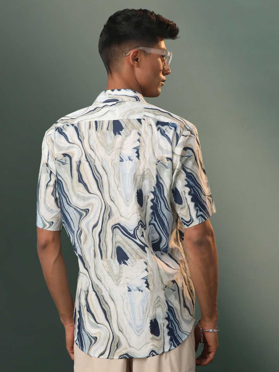 Men's Multi-Color Base Cream Marble Print Cotton Shirt