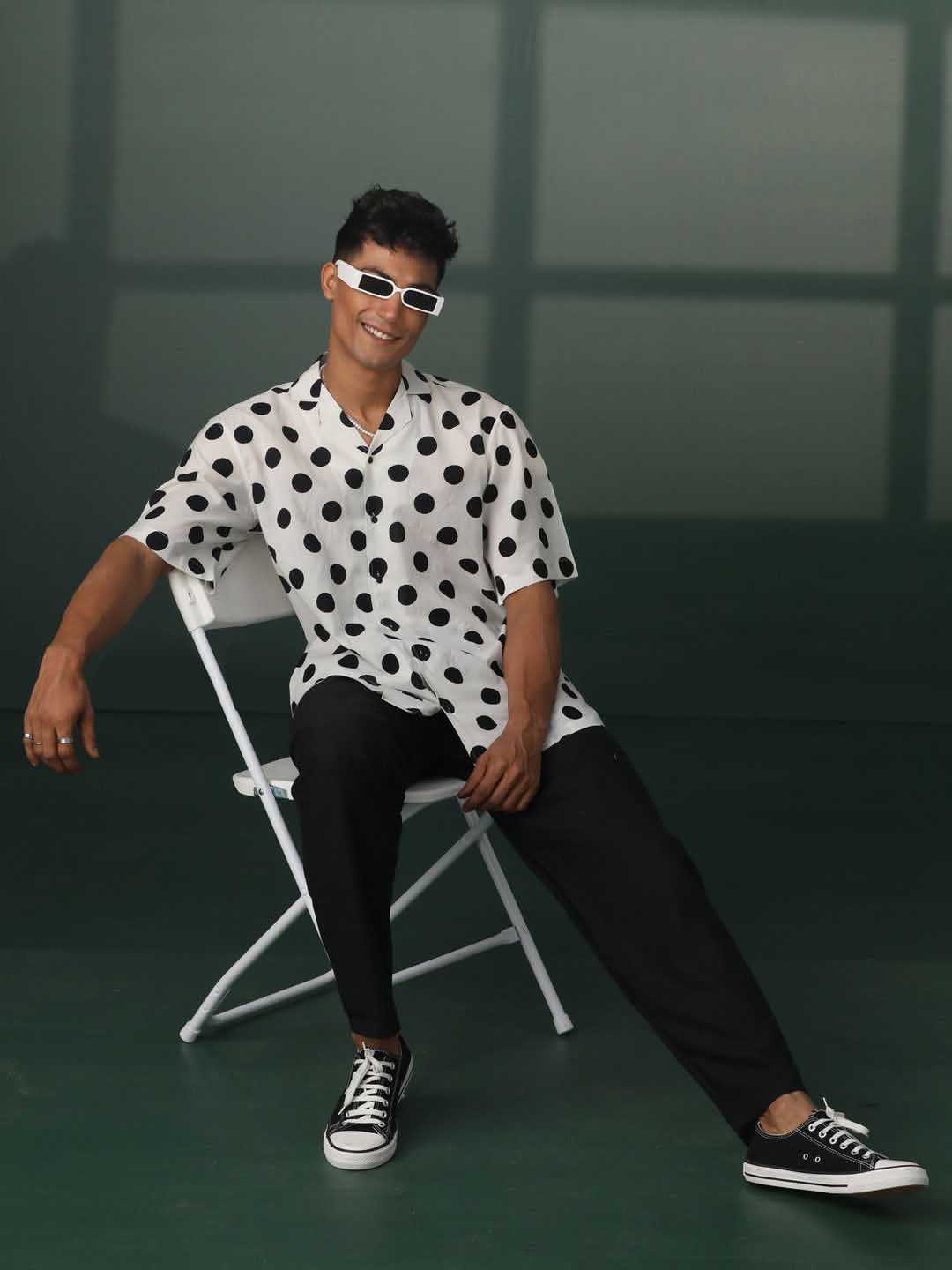 Men's White And Black Polka Dot Print Cotton Shirt
