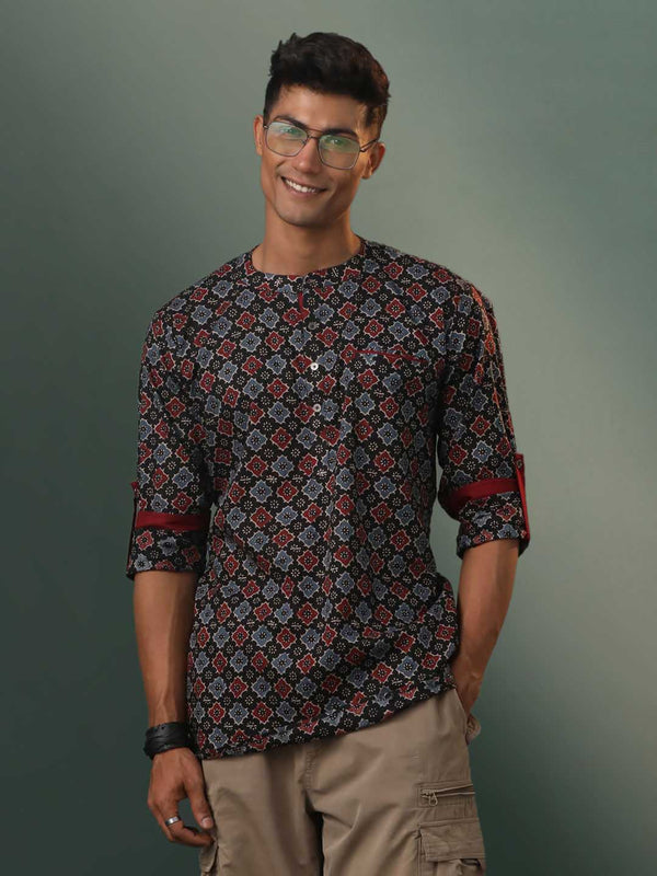 Men's Black Ajrak Cotton Short Kurta