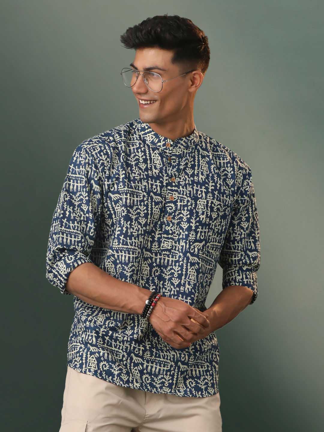 Men's Navy Blue Tribal Print Cotton Short Kurta