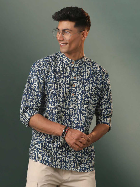 Men's Navy Blue Tribal Print Cotton Short Kurta