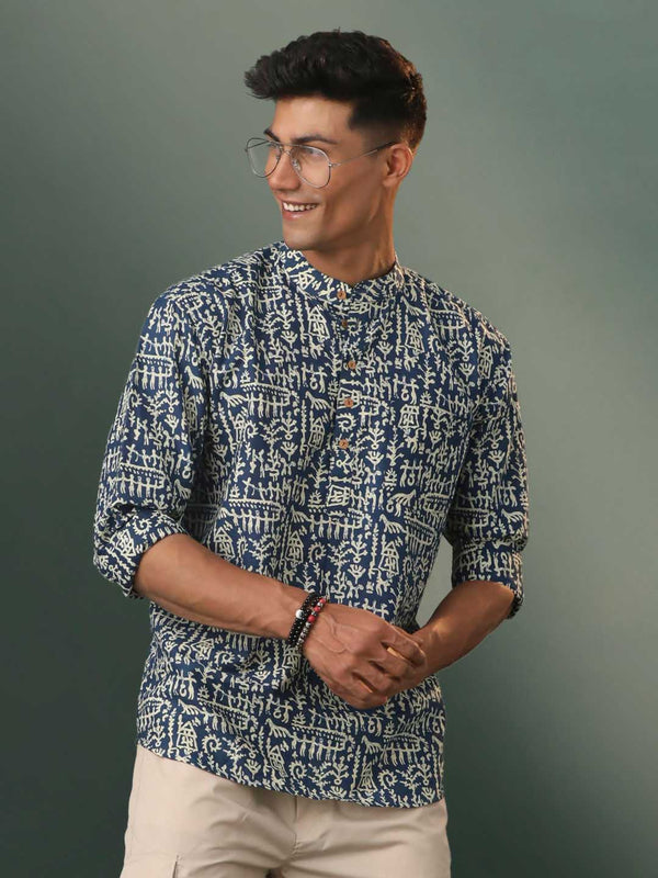 Men's Navy Blue Tribal Print Cotton Short Kurta