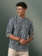 Men's Navy Blue Tribal Print Cotton Short Kurta