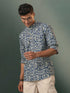 Men's Navy Blue Tribal Print Cotton Short Kurta
