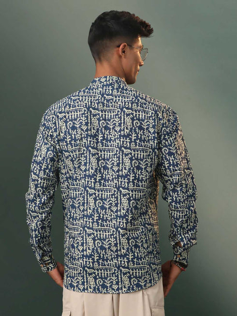 Men's Navy Blue Tribal Print Cotton Short Kurta