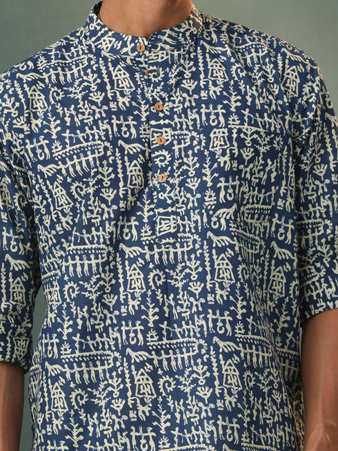 Men's Navy Blue Tribal Print Cotton Short Kurta