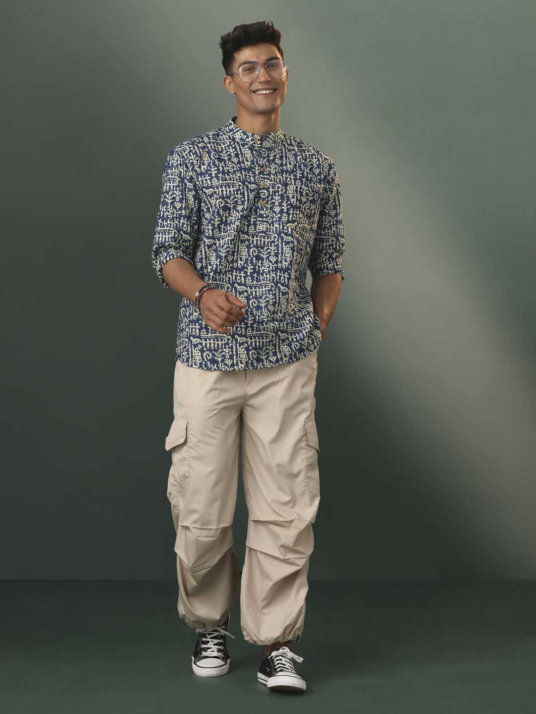 Men's Navy Blue Tribal Print Cotton Short Kurta
