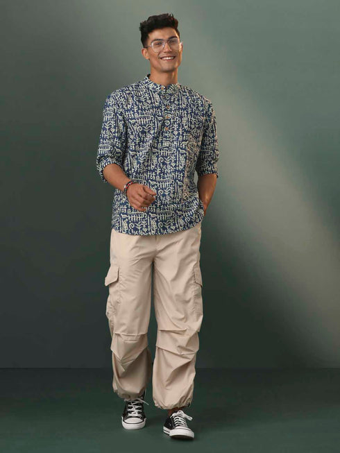 Men's Navy Blue Tribal Print Cotton Short Kurta