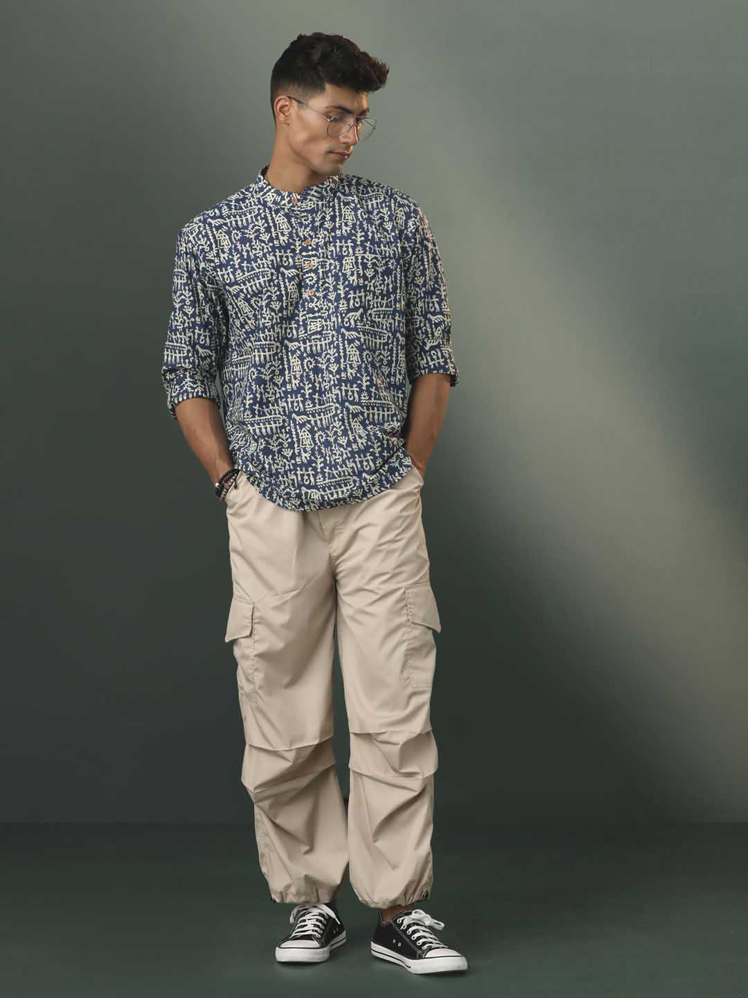 Men's Navy Blue Tribal Print Cotton Short Kurta
