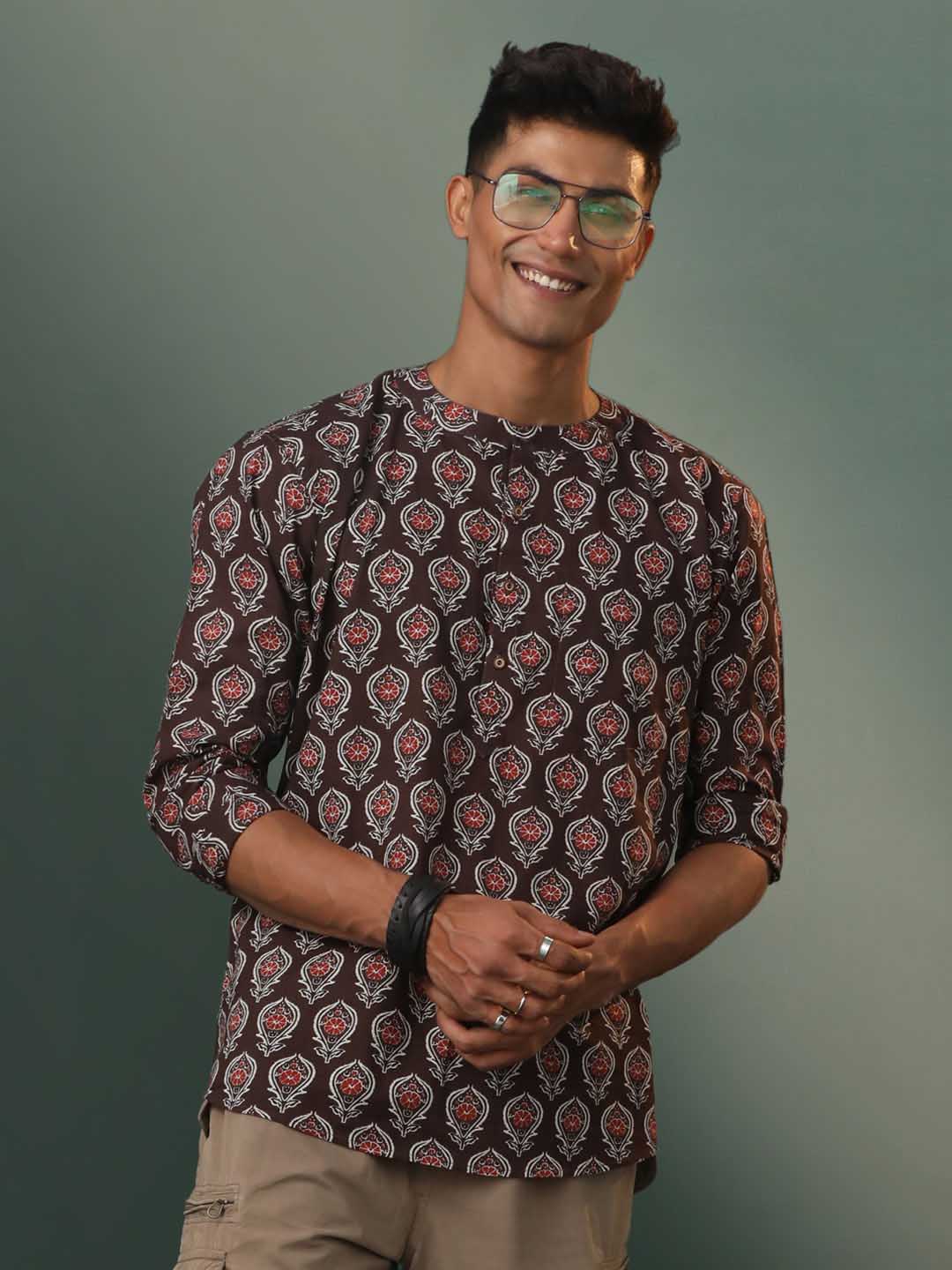 Men's Coffee Brown Ajrakh Print Short Kurta