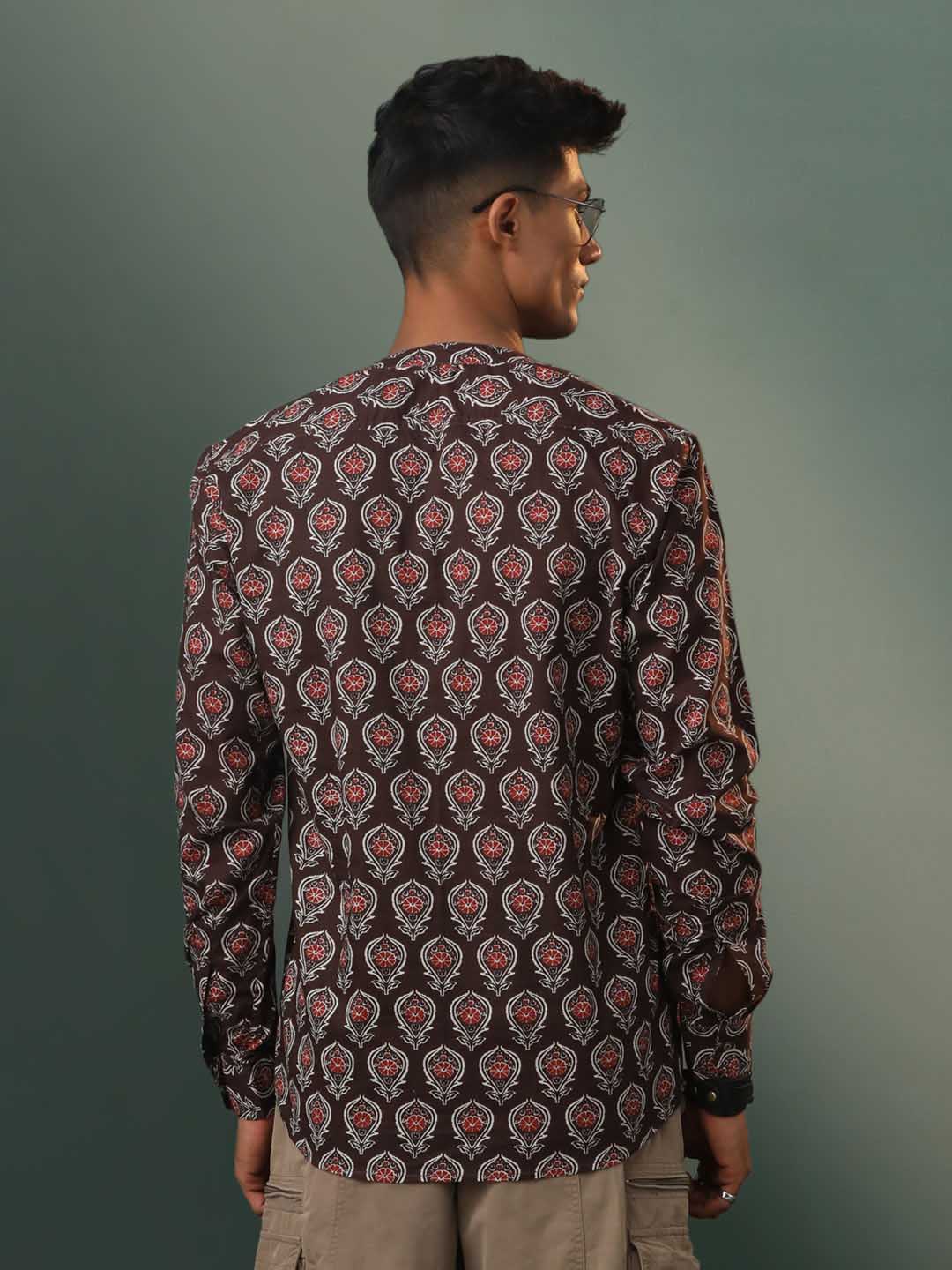 Men's Coffee Brown Ajrakh Print Short Kurta