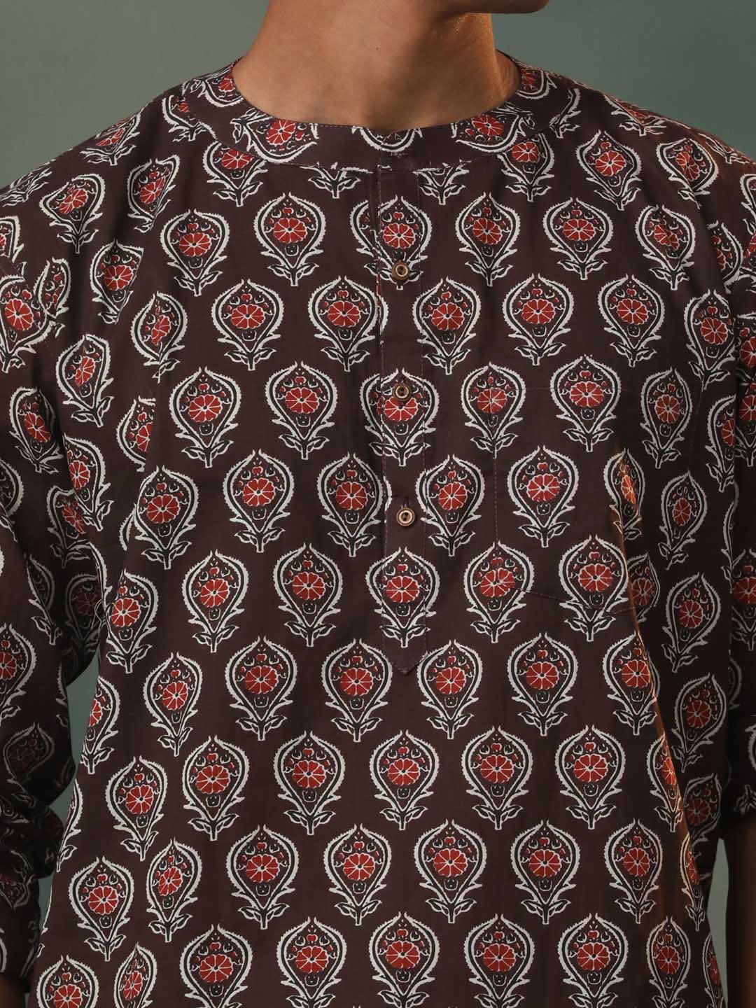 Men's Coffee Brown Ajrakh Print Short Kurta