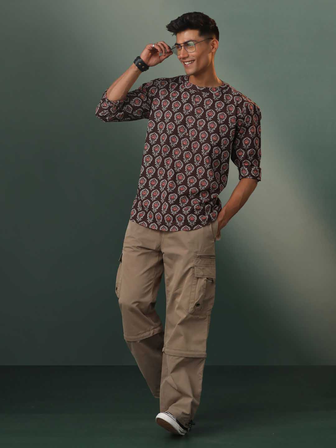 Men's Coffee Brown Ajrakh Print Short Kurta