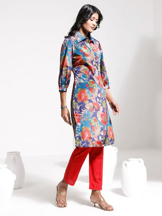 VASTRAMAY Women's Shirt Style Satin Embellished Kurta Set