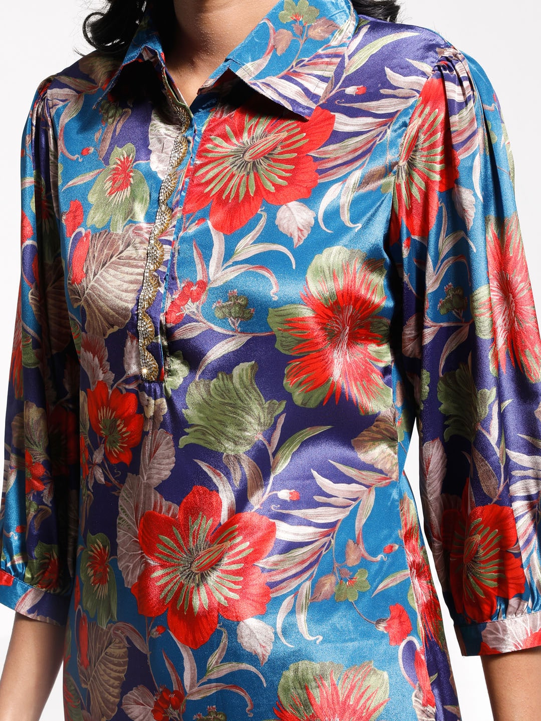 Women's Shirt Style Satin Embellished Kurta Set