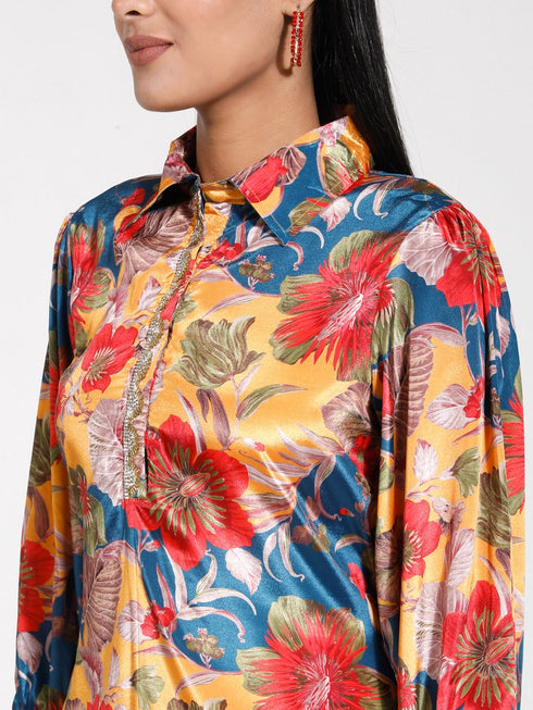 Women's Shirt Style Satin Embellished Mustard Kurta Set