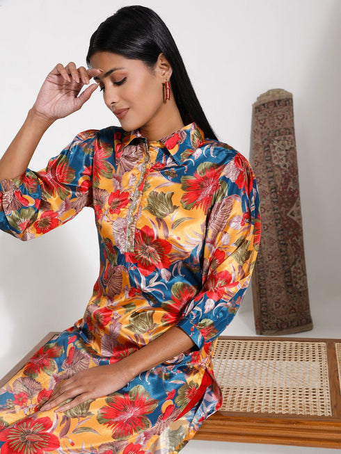 Women's Shirt Style Satin Embellished Mustard Kurta Set