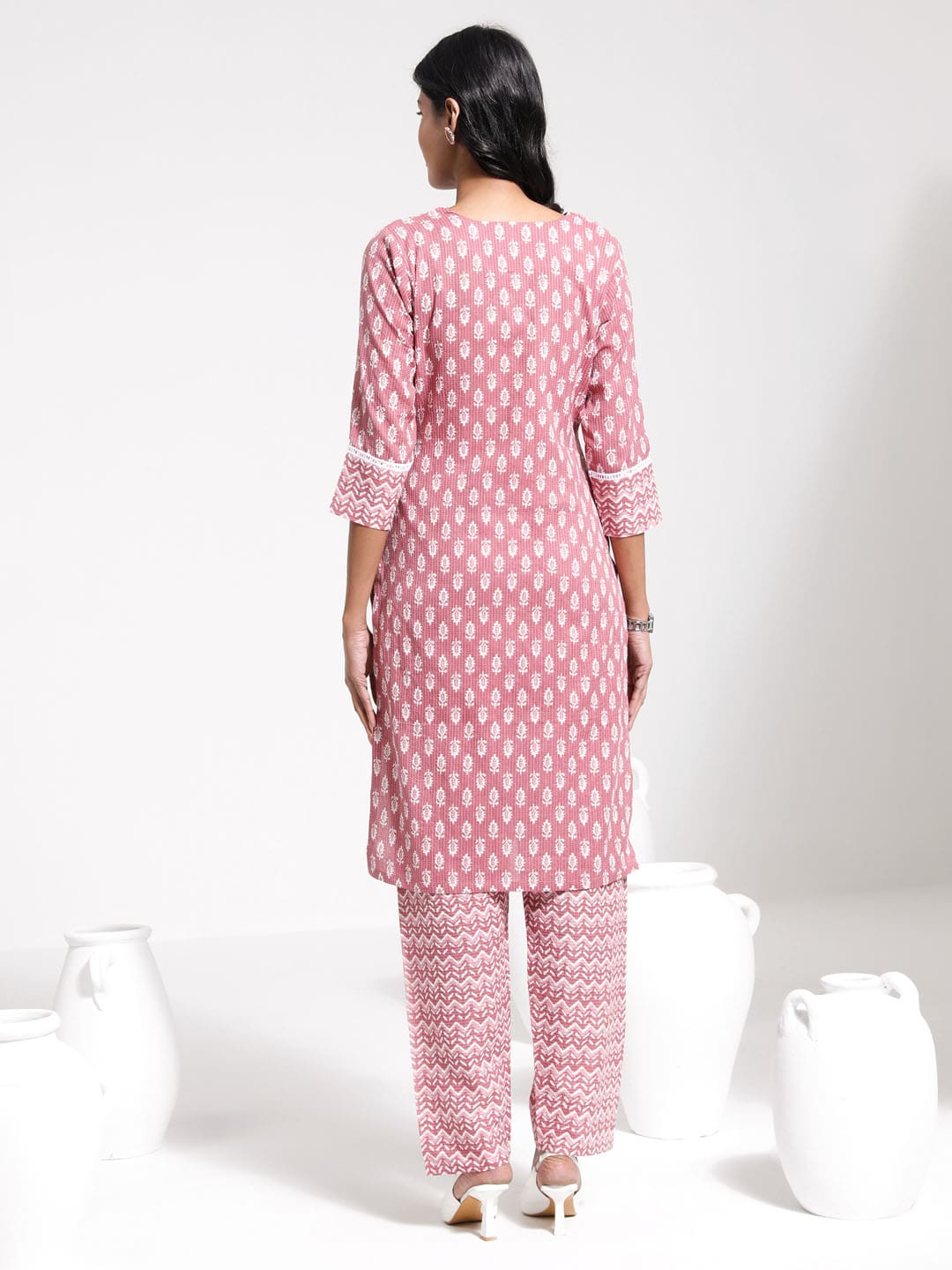 Women's Pink Printed Cotton Kantha Kurta Pant Set