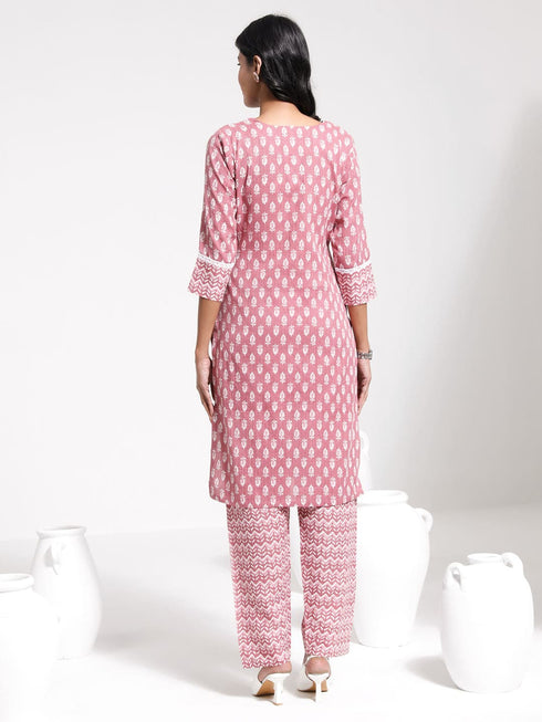 Women's Pink Printed Cotton Kantha Kurta Pant Set