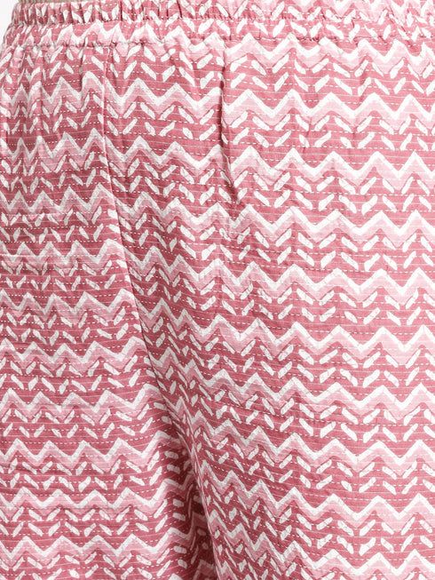 Women's Pink Printed Cotton Kantha Kurta Pant Set