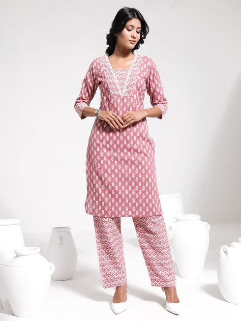 Women's Pink Printed Cotton Kantha Kurta Pant Set