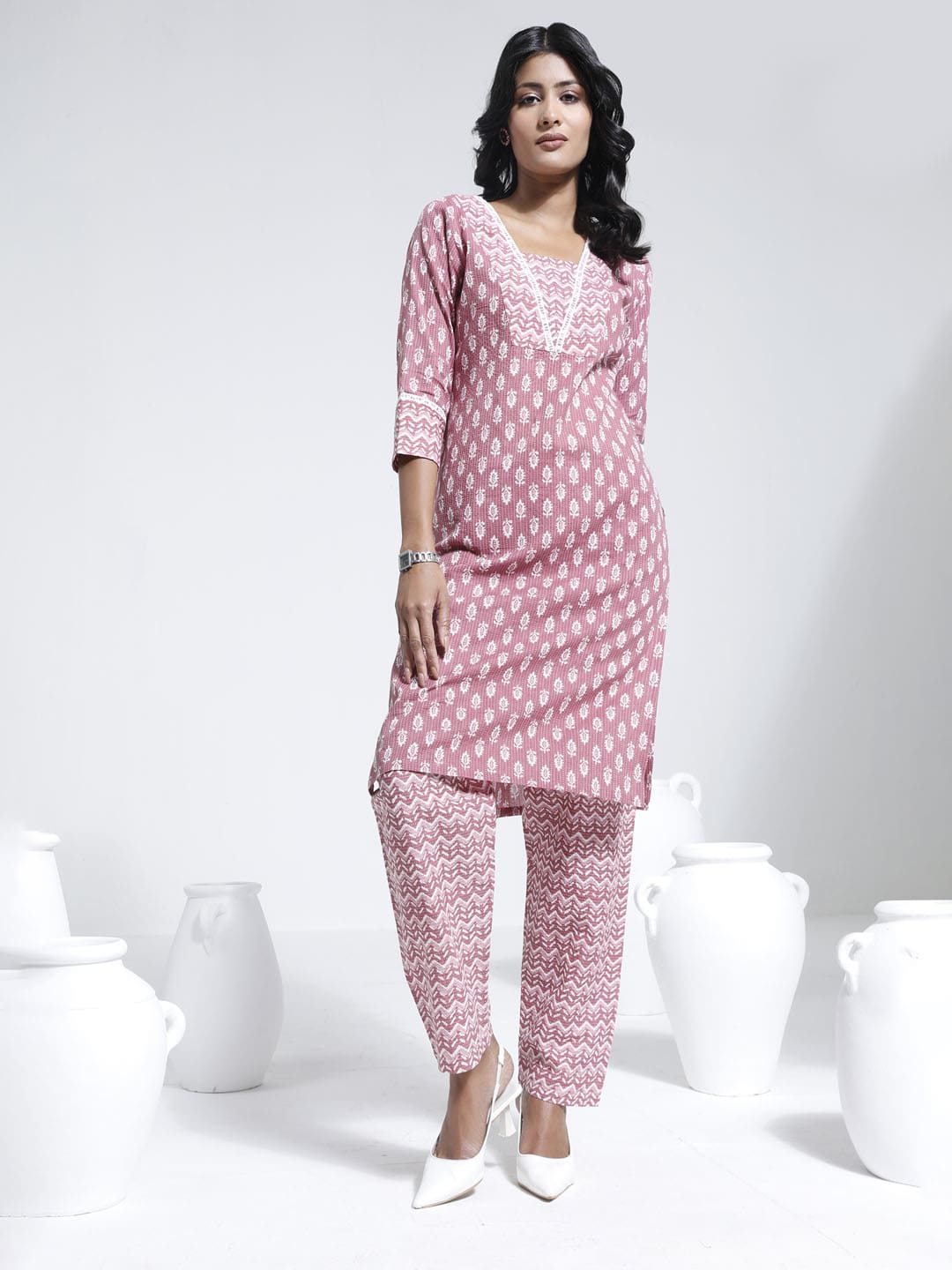 Women's Pink Printed Cotton Kantha Kurta Pant Set