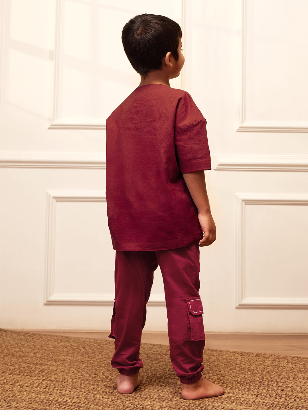 Boy's Maroon Solid Cotton Yoga Kurta Set With Cargo Pants