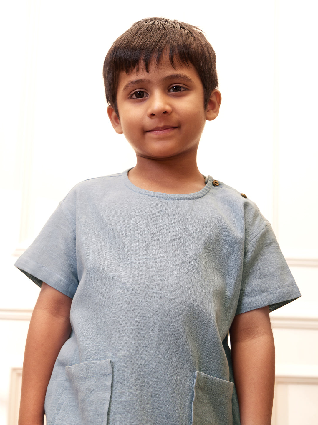 Boy's Aqua Solid Cotton Yoga Kurta Set With Trouser