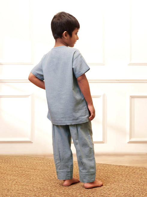 Boy's Aqua Solid Cotton Yoga Kurta Set With Trouser