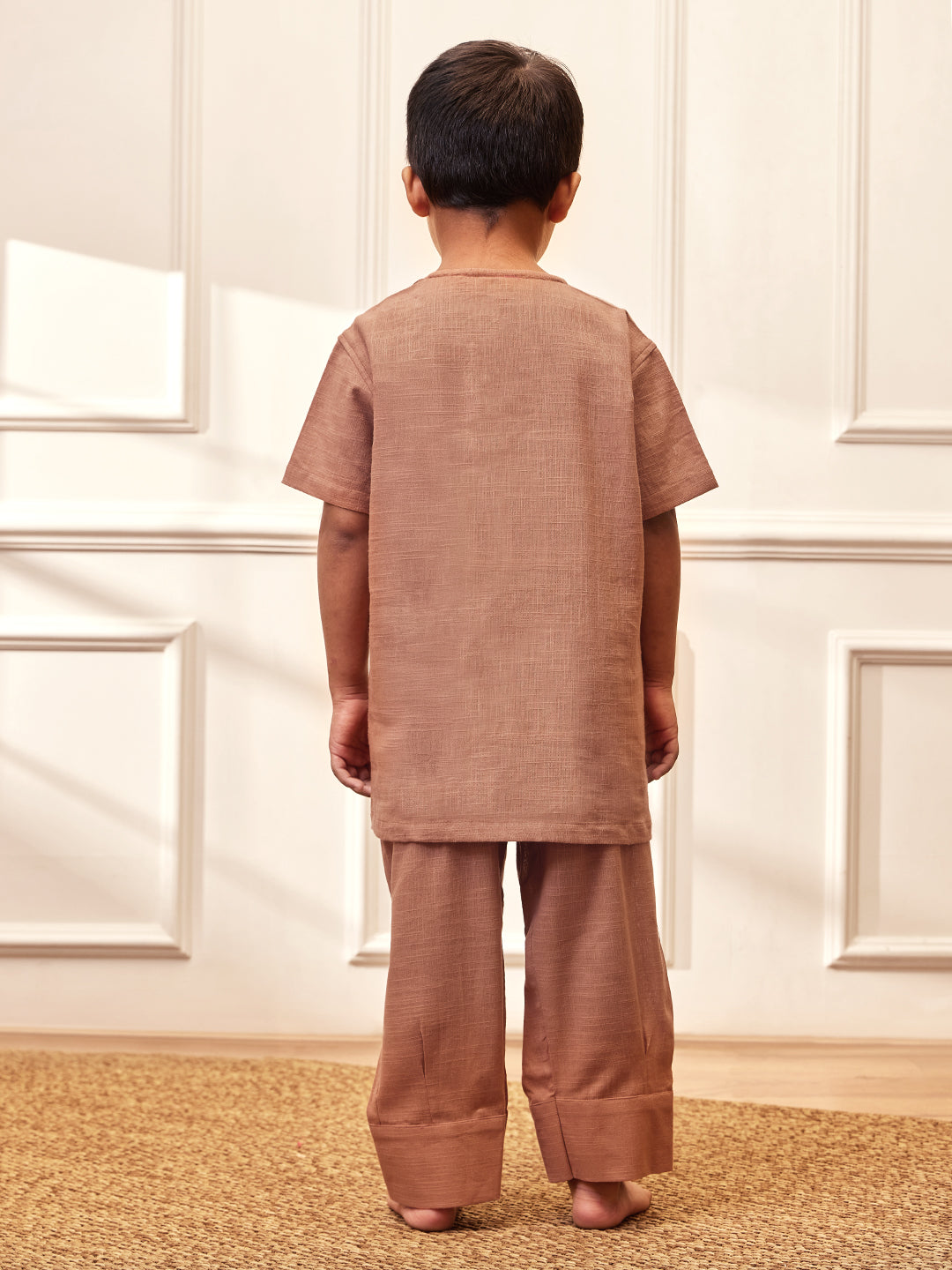 Boy's Rose Pink Solid Cotton Yoga Kurta Set With Trouser