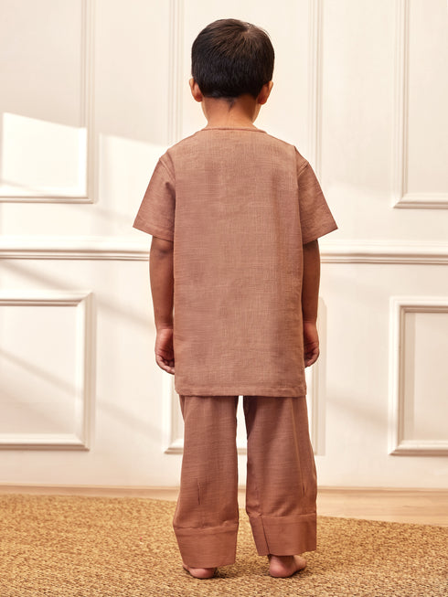 Boy's Rose Pink Solid Cotton Yoga Kurta Set With Trouser