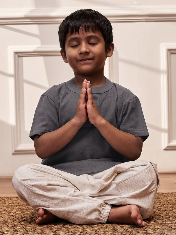 Boy's Grey Cotton Yoga Kurta Set With Harem Pants - Kids Sizes