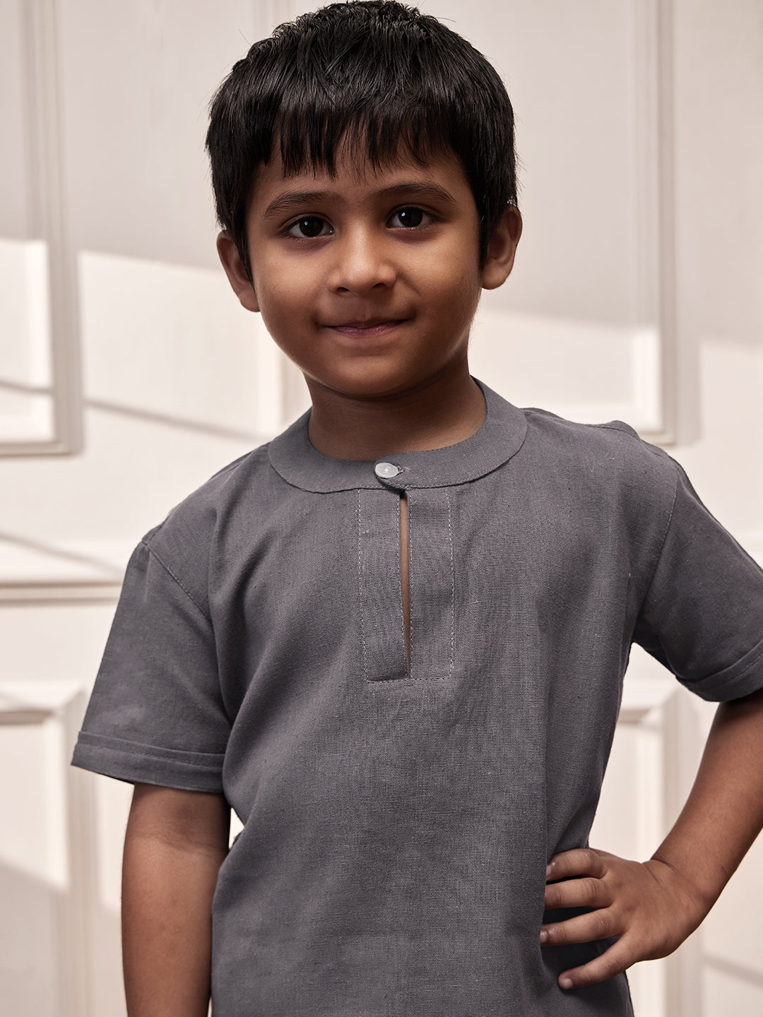 Boy's Grey Cotton Yoga Kurta Set With Harem Pants - Kids Sizes